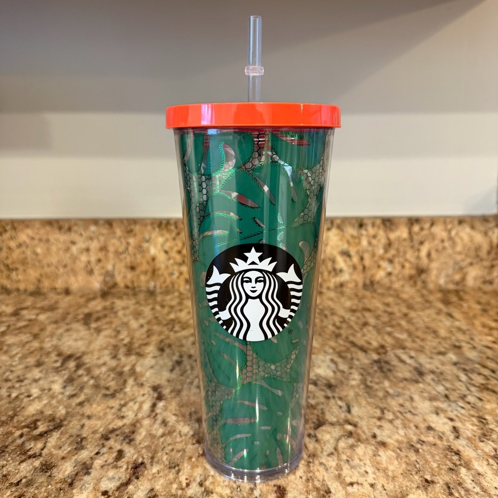 Starbucks Clear Green Palm Leaf Tumbler Venti Cold Cup Straw Summer